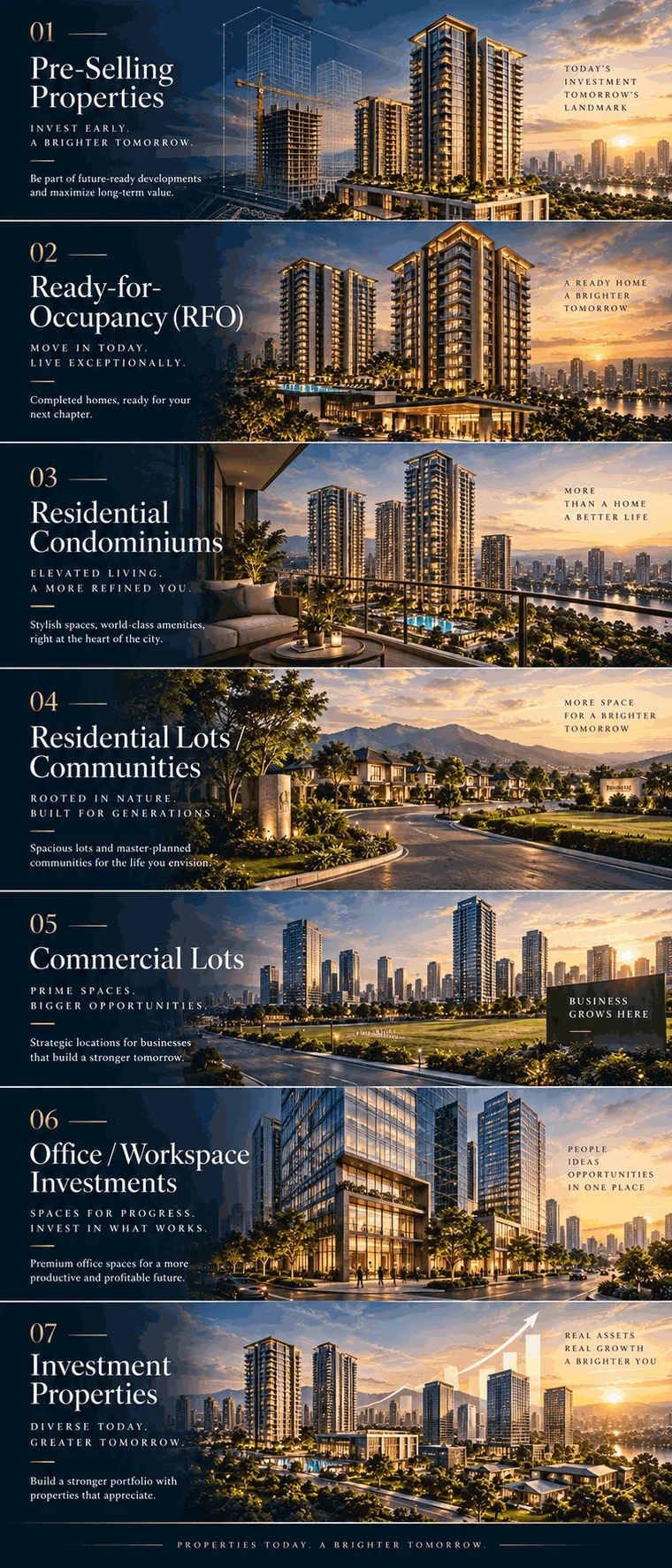 Property categories guide: pre-selling properties, ready-for-occupancy homes, residential condominiums, residential lots and communities, commercial lots, office and workspace investments, and investment properties