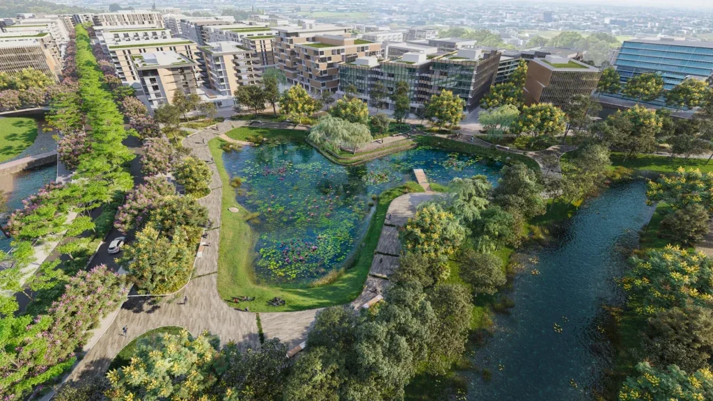 Aerial rendering of a lagoon surrounded by residential and commercial lots