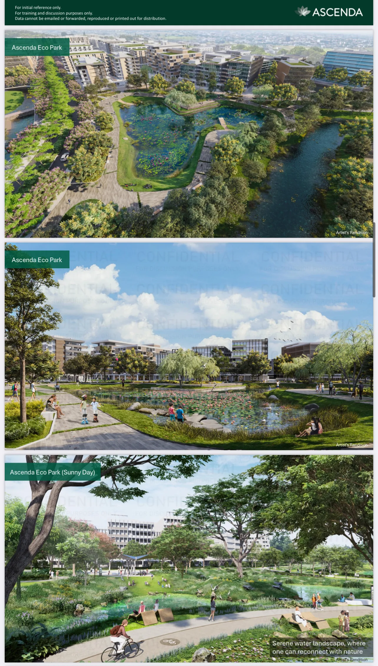 Renderings of parks, lagoon and open spaces within a master-planned estate
